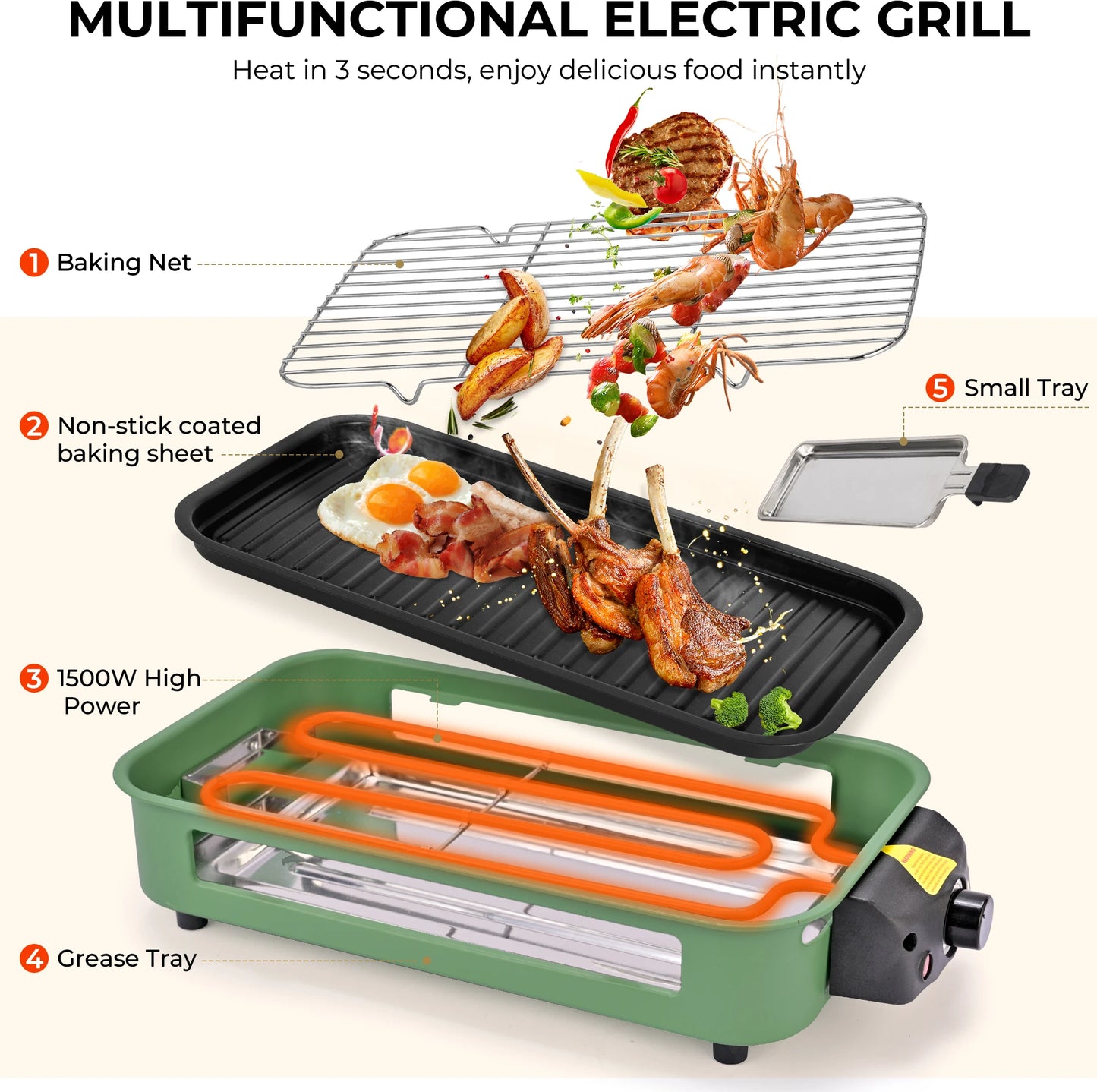 sumetas smokeless electric grill includes a grill rack, baking tray, and 4 cheese pans suitable for grilling, pan-frying meat,