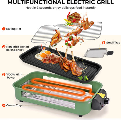 sumetas smokeless electric grill includes a grill rack, baking tray, and 4 cheese pans suitable for grilling, pan-frying meat,