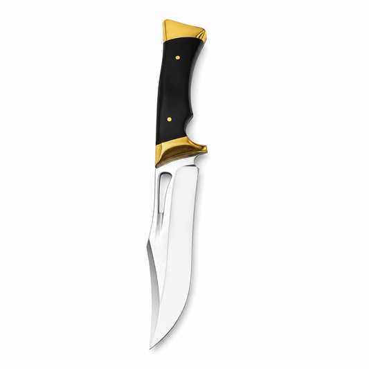 Black Ridge 5.5-inch fixed blade knife with sculpted wood handle and gold-tone accents