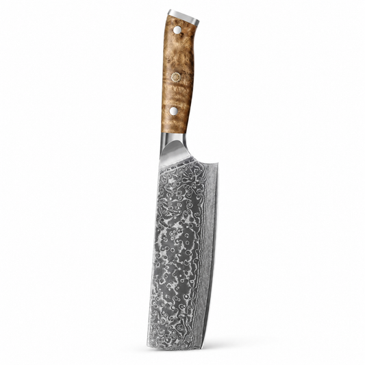 Burlwood 7-inch Nakiri knife with 67-layer Damascus blade and burlwood handle