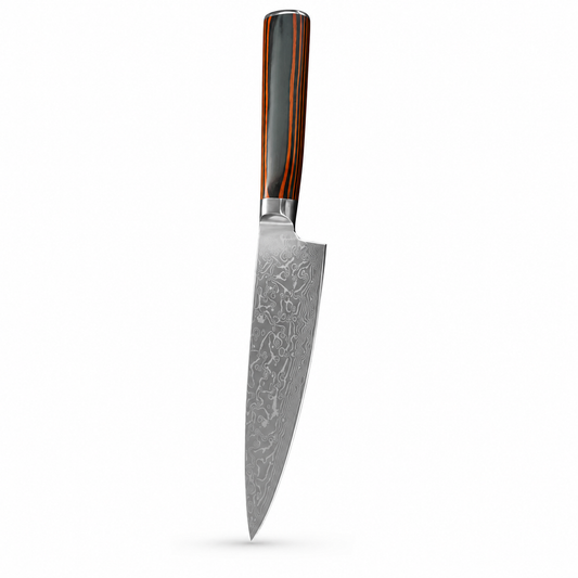 Emberwood 6-inch chef's knife with Damascus blade and layered wood handle