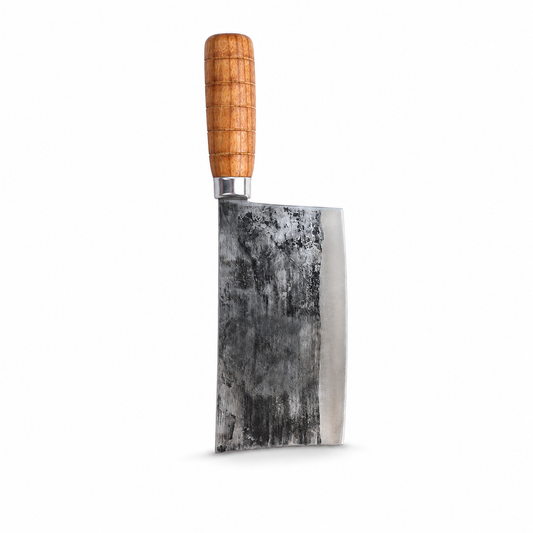 Heritage 8-inch butcher cleaver in high-carbon steel with grooved wood handle
