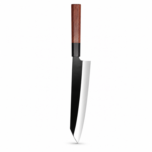 Kurogami 8-inch Kiritsuke knife with two-tone blade and slim wood handle
