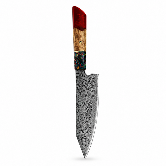 Mosaic 5-inch chef's knife with 67-layer Damascus blade and resin mosaic handle
