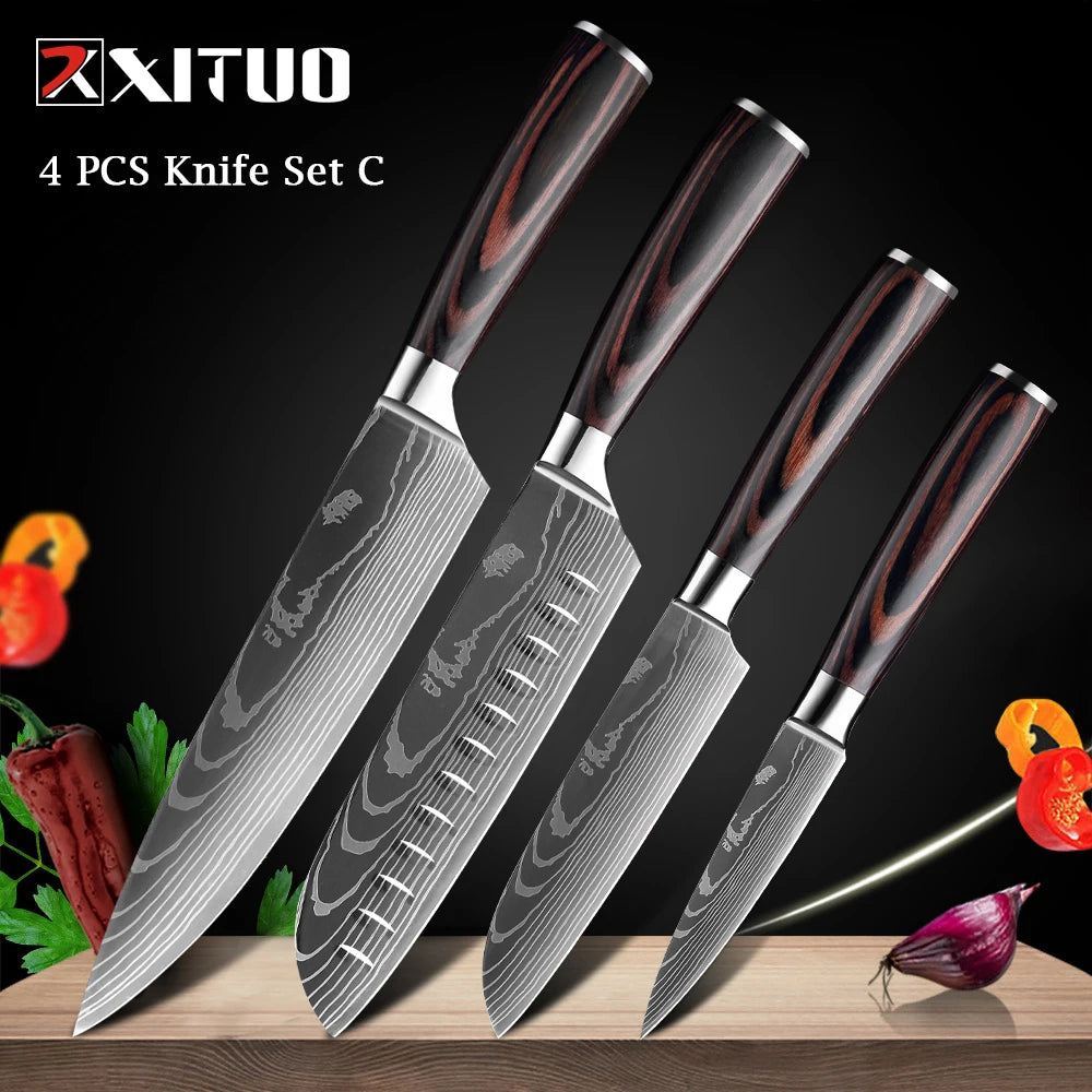 XITUO Chef Knife 1-10Pcs Kitchen Knives Set Laser Damascus Pattern Ultra-Sharp Santoku Knife Cleaver Slicing Utility Fruit Knife