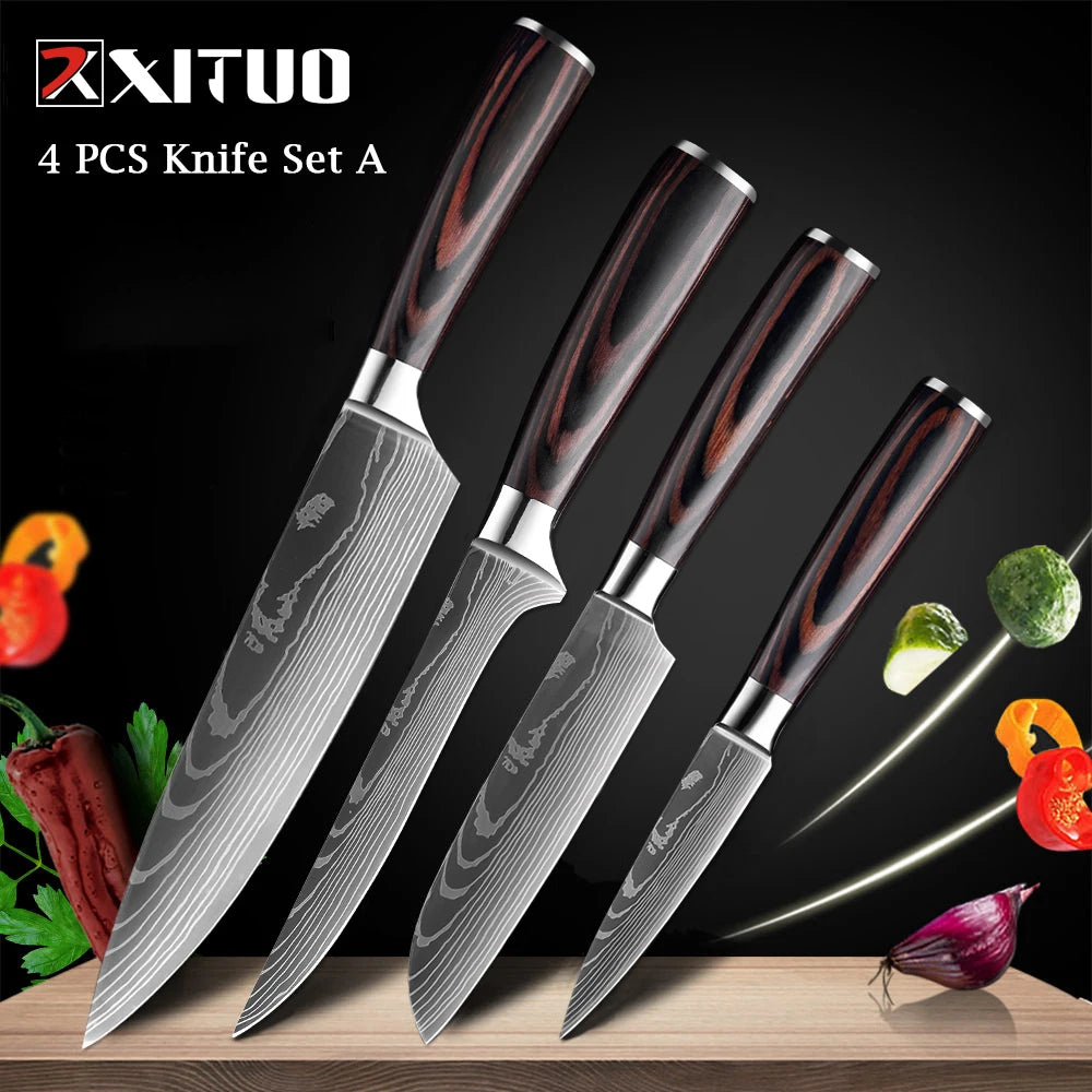 XITUO Chef Knife 1-10Pcs Kitchen Knives Set Laser Damascus Pattern Ultra-Sharp Santoku Knife Cleaver Slicing Utility Fruit Knife