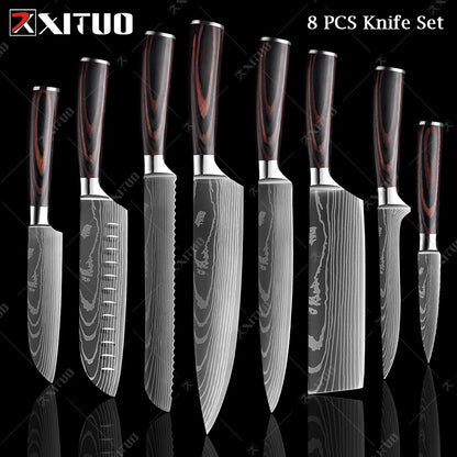 XITUO Chef Knife 1-10Pcs Kitchen Knives Set Laser Damascus Pattern Ultra-Sharp Santoku Knife Cleaver Slicing Utility Fruit Knife