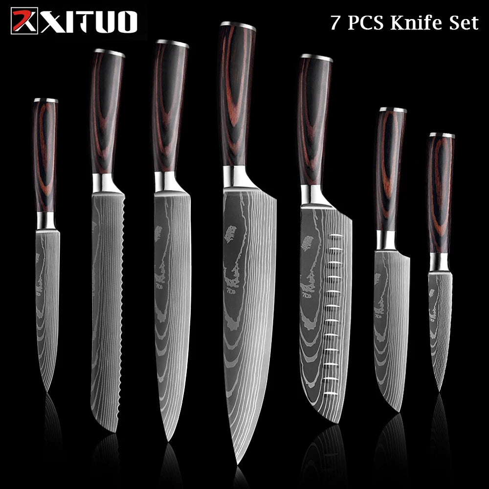 XITUO Chef Knife 1-10Pcs Kitchen Knives Set Laser Damascus Pattern Ultra-Sharp Santoku Knife Cleaver Slicing Utility Fruit Knife