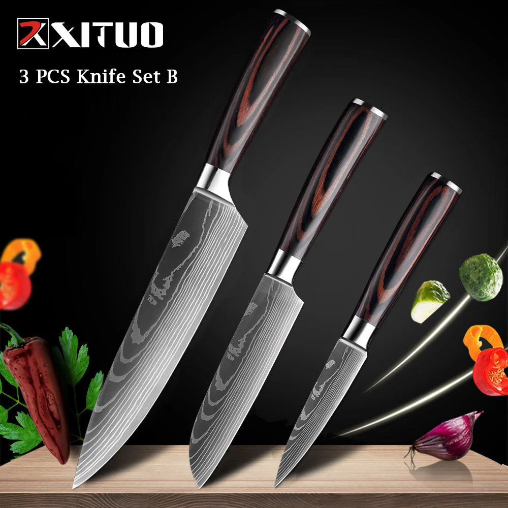 XITUO Chef Knife 1-10Pcs Kitchen Knives Set Laser Damascus Pattern Ultra-Sharp Santoku Knife Cleaver Slicing Utility Fruit Knife