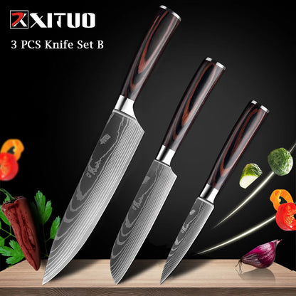 XITUO Chef Knife 1-10Pcs Kitchen Knives Set Laser Damascus Pattern Ultra-Sharp Santoku Knife Cleaver Slicing Utility Fruit Knife