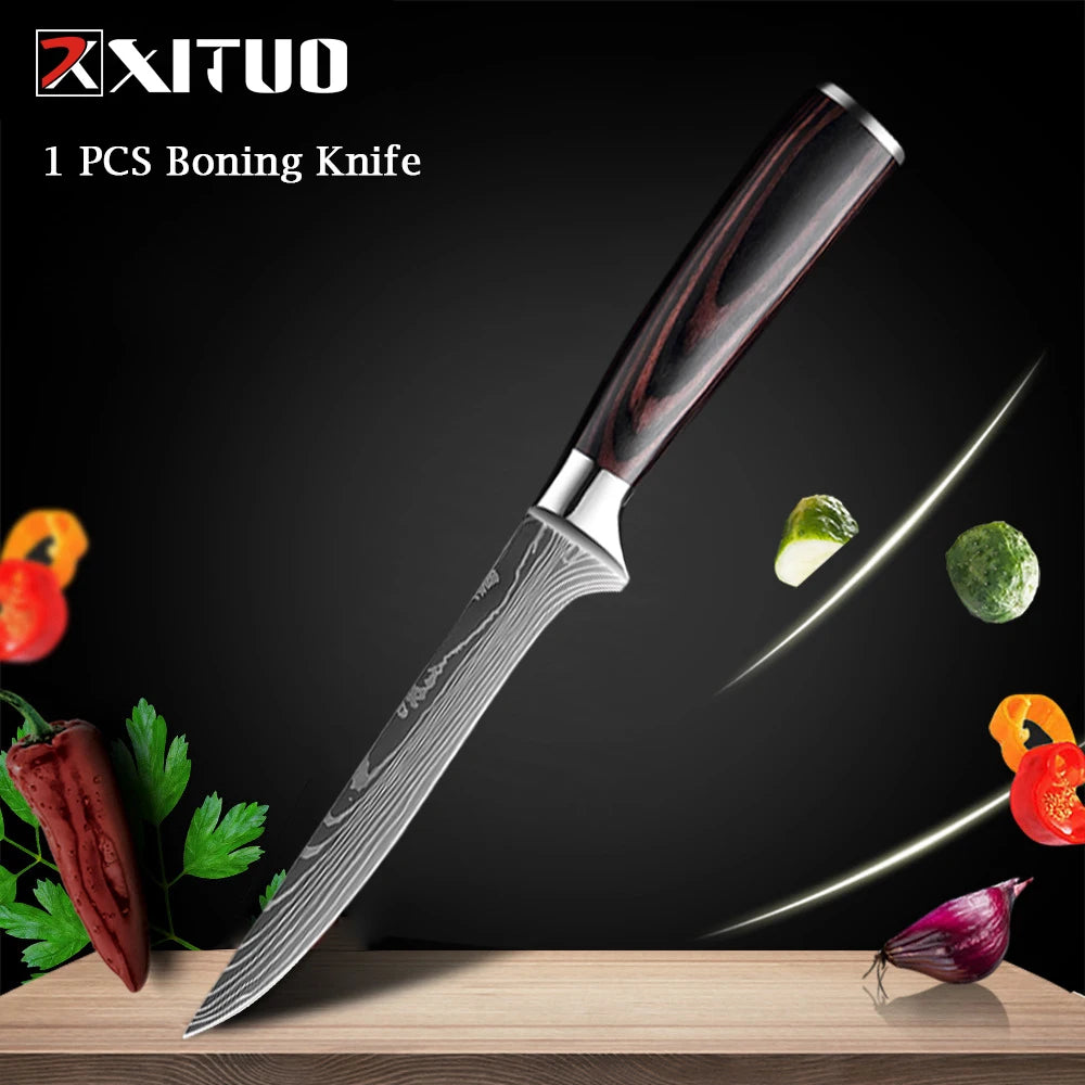 XITUO Chef Knife 1-10Pcs Kitchen Knives Set Laser Damascus Pattern Ultra-Sharp Santoku Knife Cleaver Slicing Utility Fruit Knife