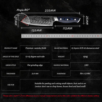5 Inch Santoku Knife 67 Layers Japanese Damascus Stainless Steel VG10 Chef Kitchen Damascus Knife Tools G10 Handle GRANDSHARP