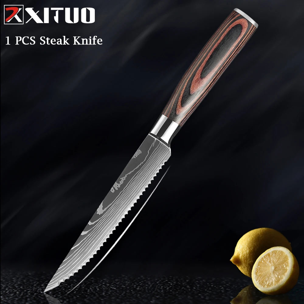XITUO Chef Knife 1-10Pcs Kitchen Knives Set Laser Damascus Pattern Ultra-Sharp Santoku Knife Cleaver Slicing Utility Fruit Knife