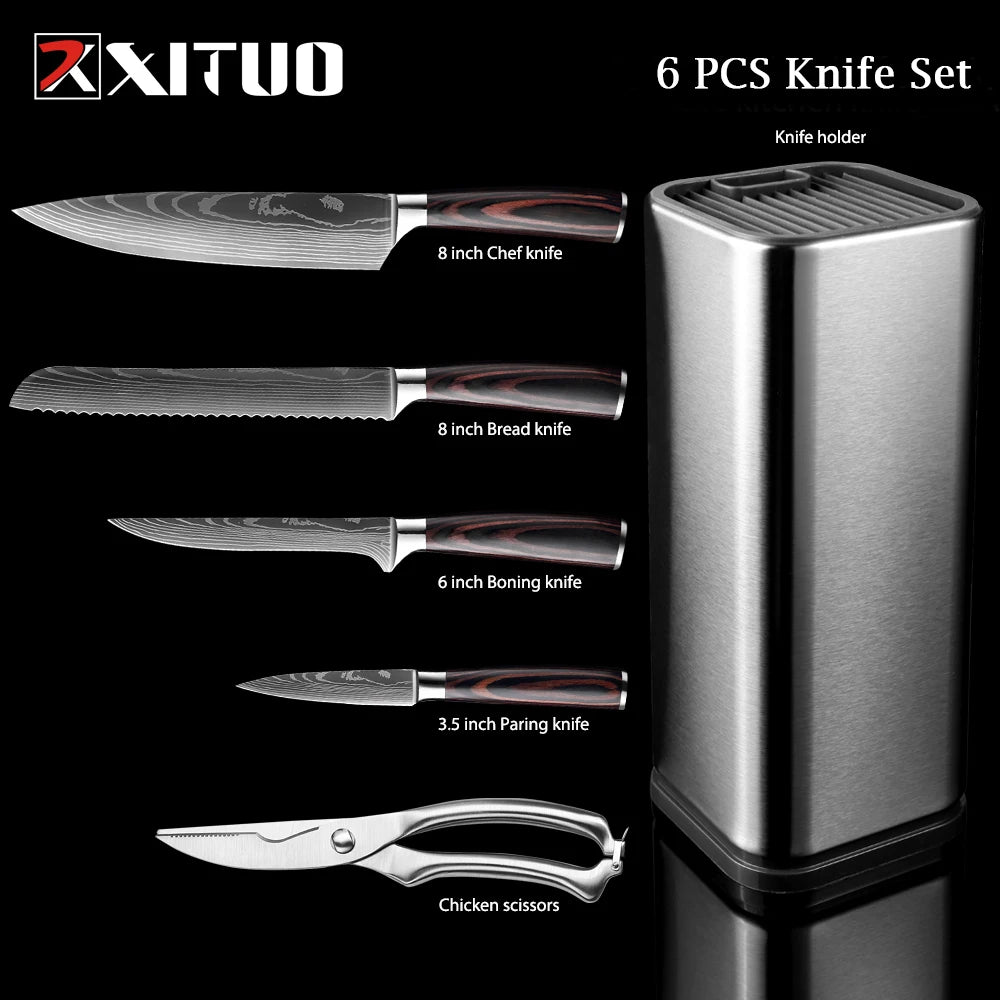 XITUO Chef Knife 1-10Pcs Kitchen Knives Set Laser Damascus Pattern Ultra-Sharp Santoku Knife Cleaver Slicing Utility Fruit Knife