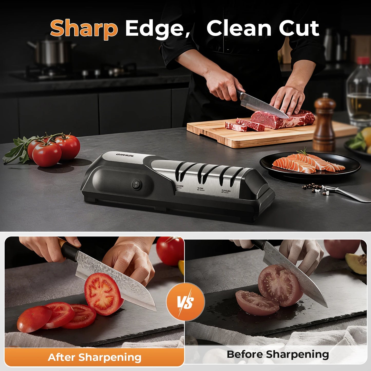 3-Stage Electric Knife Sharpener, 100% Diamond, 15° Precision Angle, for Home Kitchen