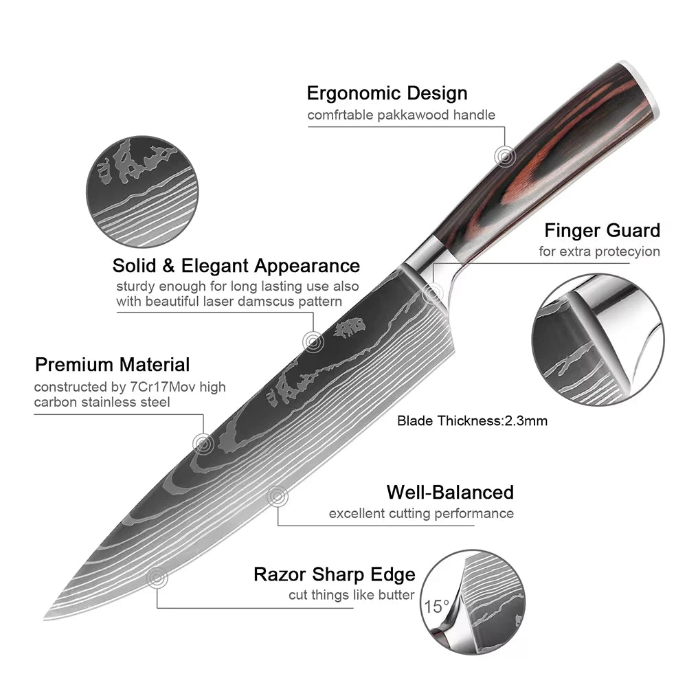 XITUO Chef Knife 1-10Pcs Kitchen Knives Set Laser Damascus Pattern Ultra-Sharp Santoku Knife Cleaver Slicing Utility Fruit Knife