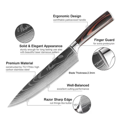XITUO Chef Knife 1-10Pcs Kitchen Knives Set Laser Damascus Pattern Ultra-Sharp Santoku Knife Cleaver Slicing Utility Fruit Knife