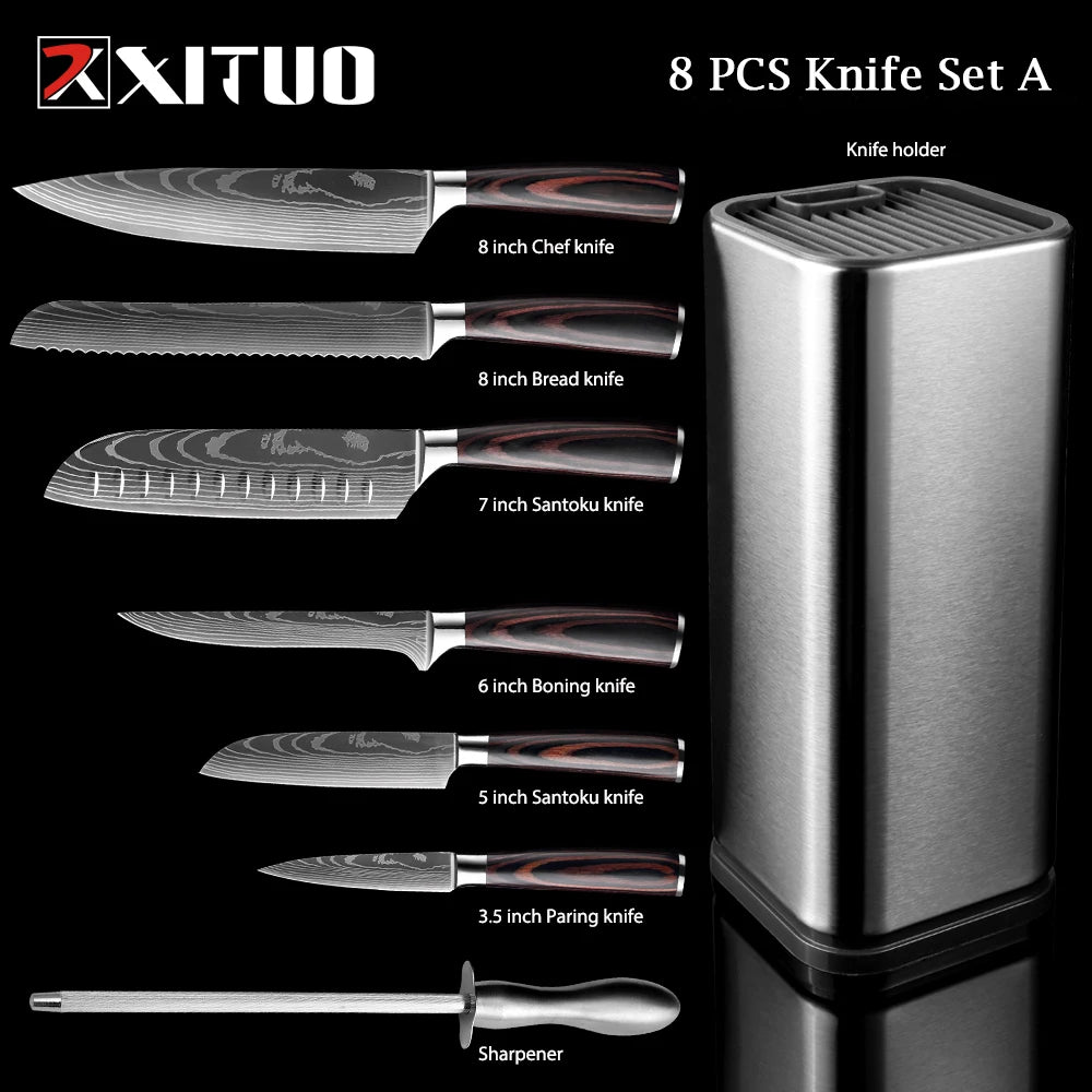 XITUO Chef Knife 1-10Pcs Kitchen Knives Set Laser Damascus Pattern Ultra-Sharp Santoku Knife Cleaver Slicing Utility Fruit Knife
