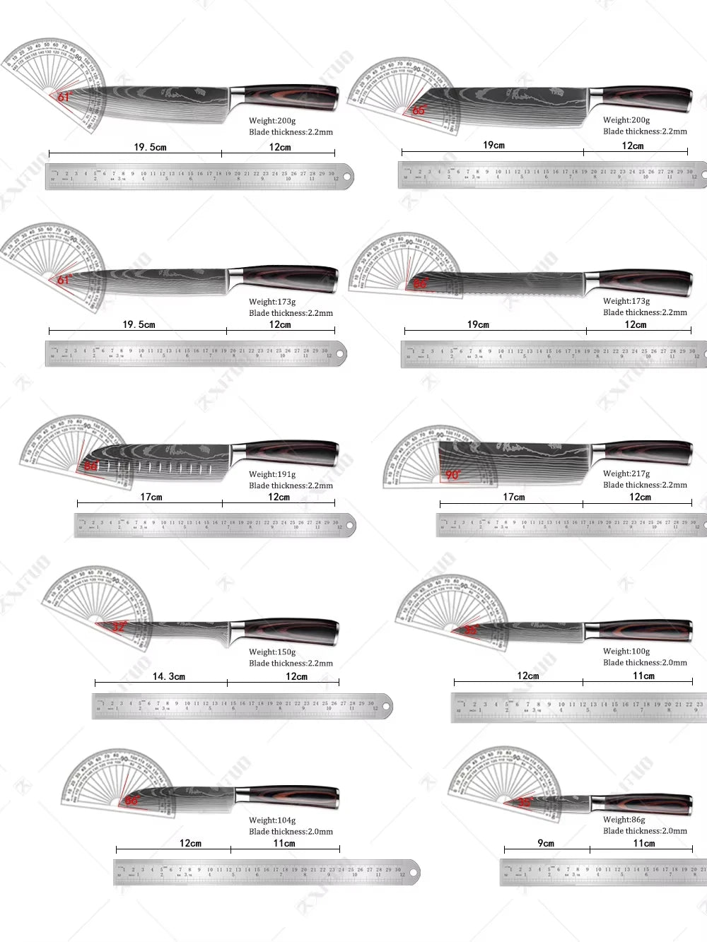XITUO Chef Knife 1-10Pcs Kitchen Knives Set Laser Damascus Pattern Ultra-Sharp Santoku Knife Cleaver Slicing Utility Fruit Knife