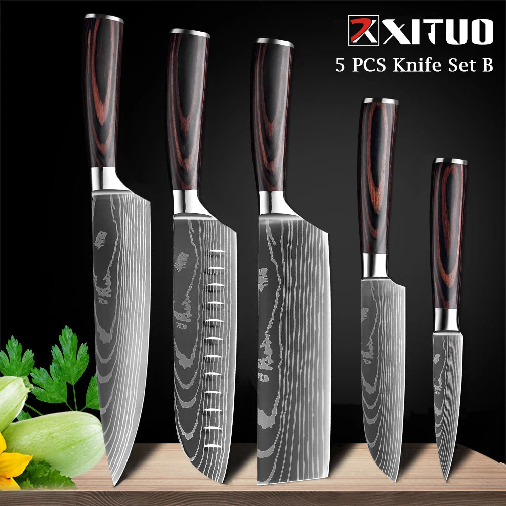XITUO Chef Knife 1-10Pcs Kitchen Knives Set Laser Damascus Pattern Ultra-Sharp Santoku Knife Cleaver Slicing Utility Fruit Knife