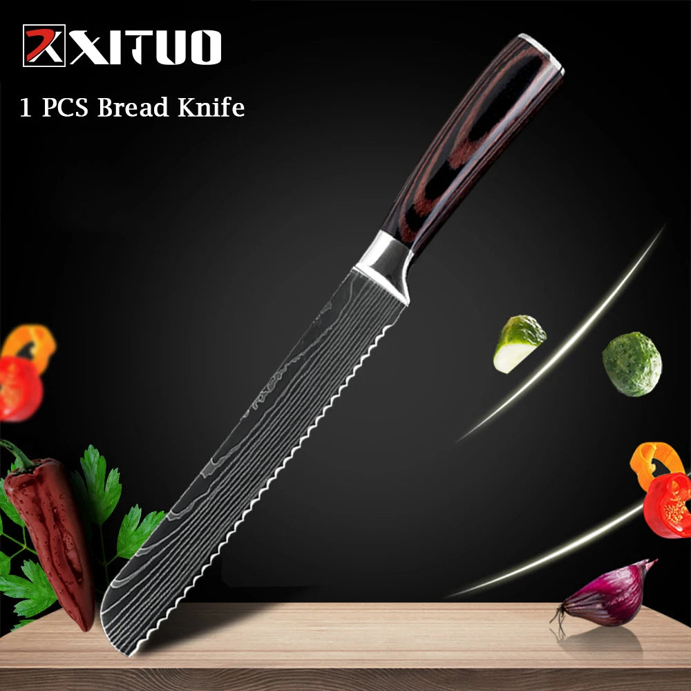XITUO Chef Knife 1-10Pcs Kitchen Knives Set Laser Damascus Pattern Ultra-Sharp Santoku Knife Cleaver Slicing Utility Fruit Knife