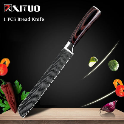 XITUO Chef Knife 1-10Pcs Kitchen Knives Set Laser Damascus Pattern Ultra-Sharp Santoku Knife Cleaver Slicing Utility Fruit Knife