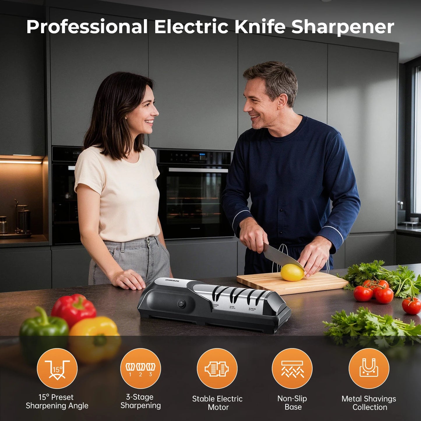 3-Stage Electric Knife Sharpener, 100% Diamond, 15° Precision Angle, for Home Kitchen