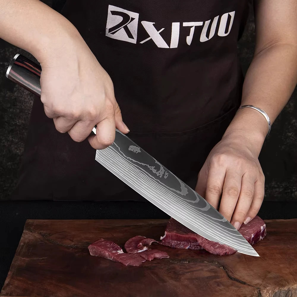 XITUO Chef Knife 1-10Pcs Kitchen Knives Set Laser Damascus Pattern Ultra-Sharp Santoku Knife Cleaver Slicing Utility Fruit Knife