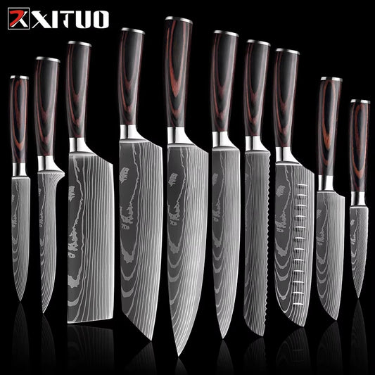 XITUO Chef Knife 1-10Pcs Kitchen Knives Set Laser Damascus Pattern Ultra-Sharp Santoku Knife Cleaver Slicing Utility Fruit Knife