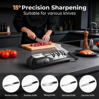 3-Stage Electric Knife Sharpener, 100% Diamond, 15° Precision Angle, for Home Kitchen