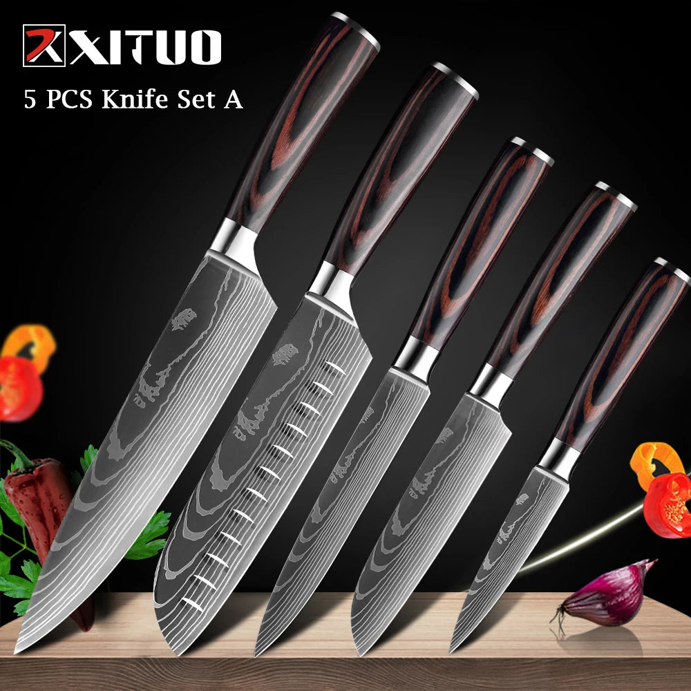 XITUO Chef Knife 1-10Pcs Kitchen Knives Set Laser Damascus Pattern Ultra-Sharp Santoku Knife Cleaver Slicing Utility Fruit Knife