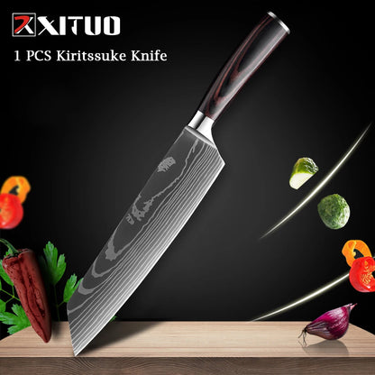 XITUO Chef Knife 1-10Pcs Kitchen Knives Set Laser Damascus Pattern Ultra-Sharp Santoku Knife Cleaver Slicing Utility Fruit Knife