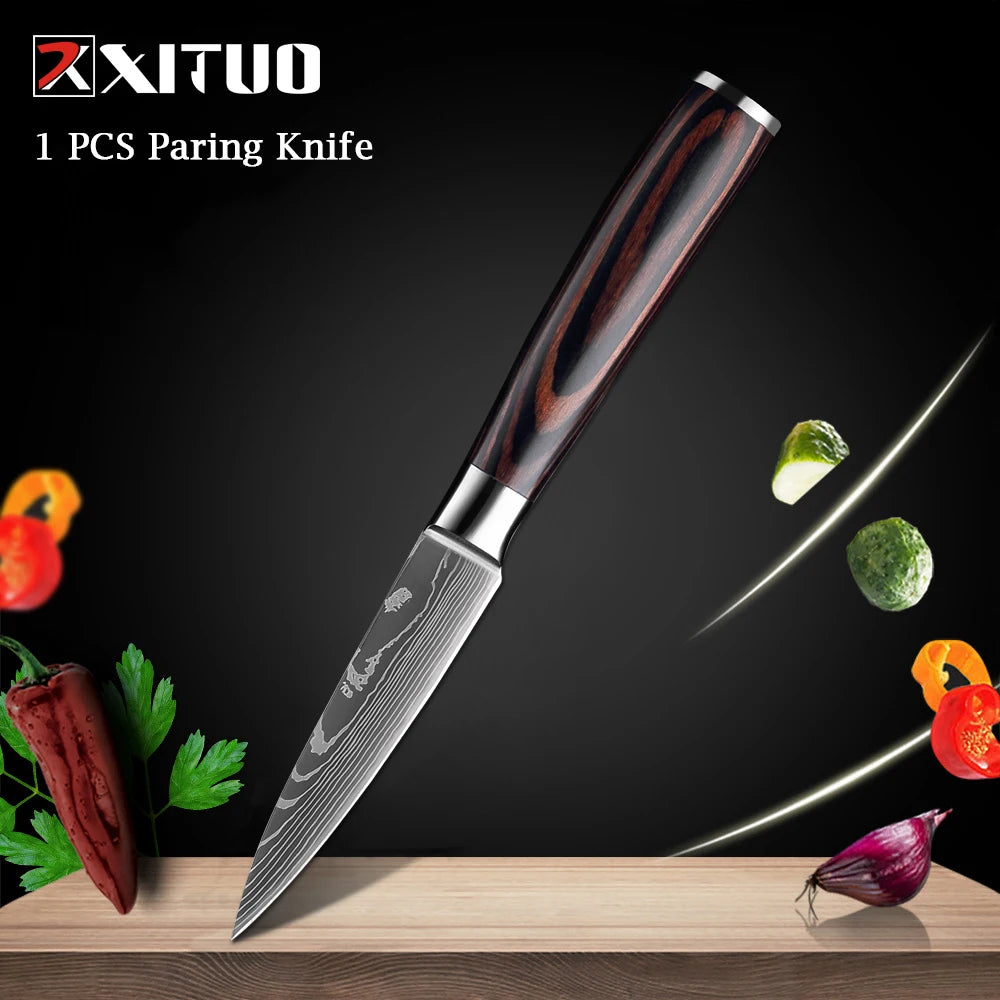 XITUO Chef Knife 1-10Pcs Kitchen Knives Set Laser Damascus Pattern Ultra-Sharp Santoku Knife Cleaver Slicing Utility Fruit Knife